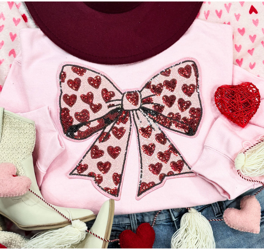 Light Pink Sequin Bow with Red Hearts Shirt