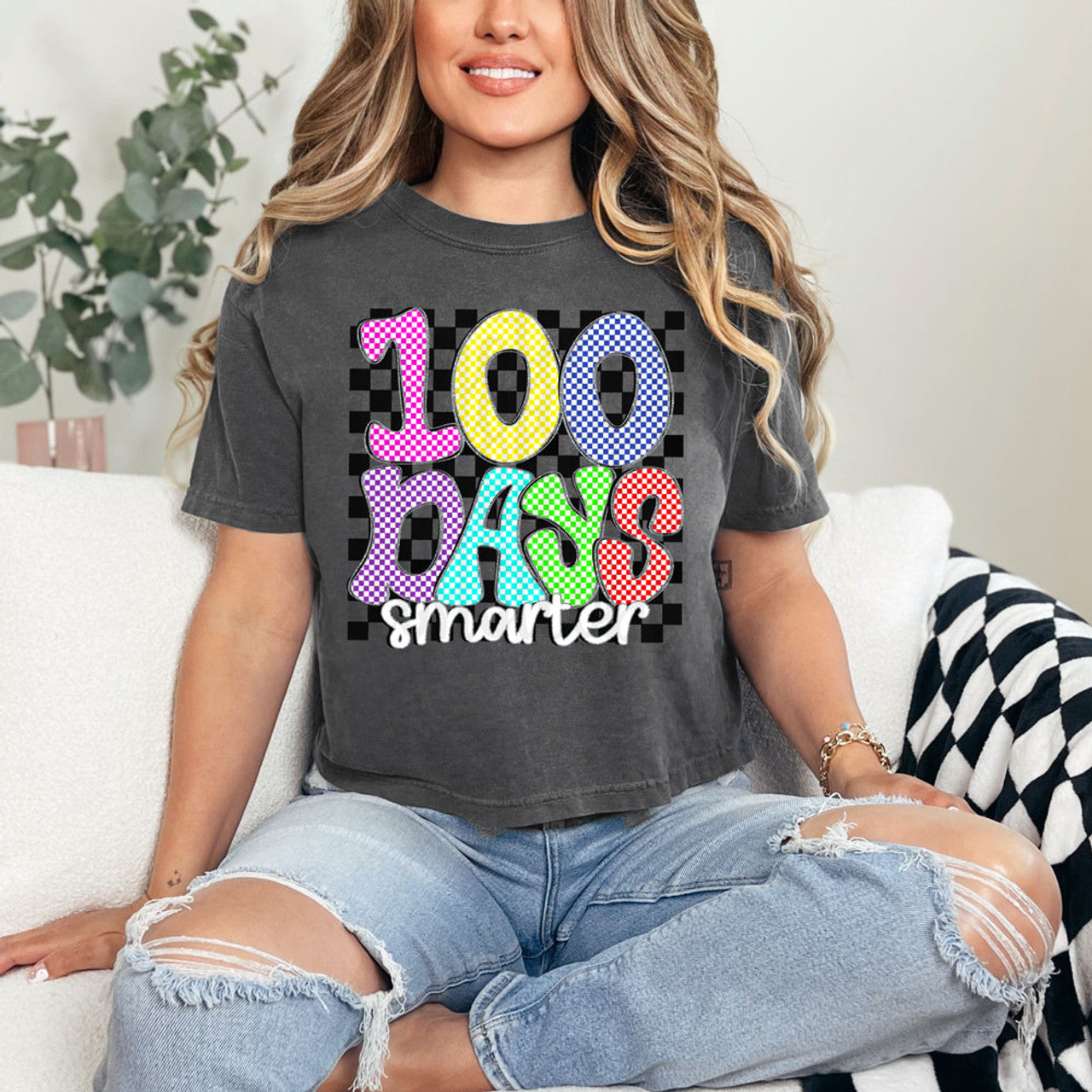 100 Days Smarter Checkered Print T-Shirt - Youth