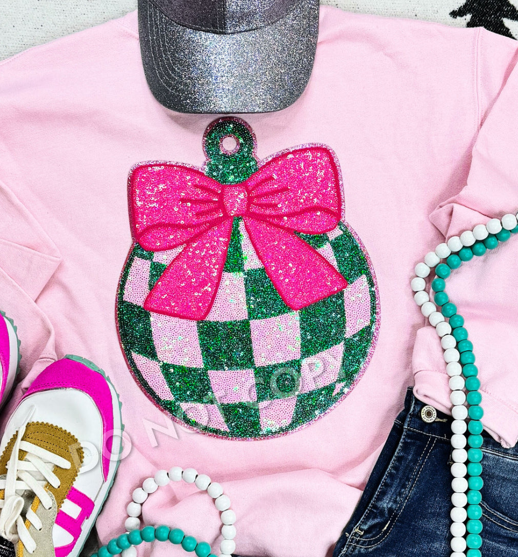 Green light Pink Checkered Ornament SweatShirt with hot pink sequin bow