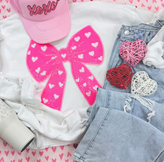 Pink Sequin White Hearts Bow Sweatshirt