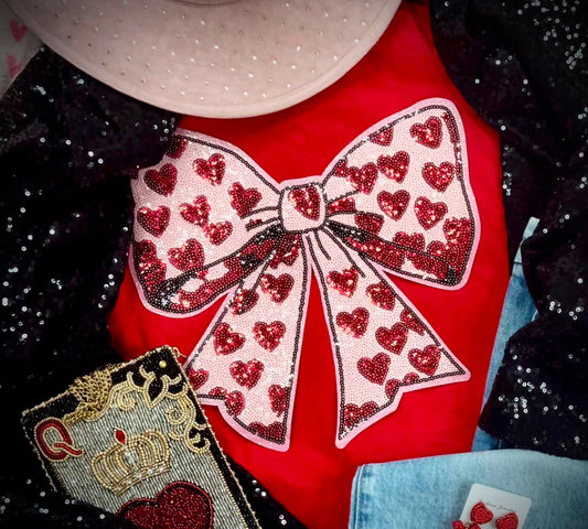 Light Pink Sequin Bow with Red Hearts Shirt